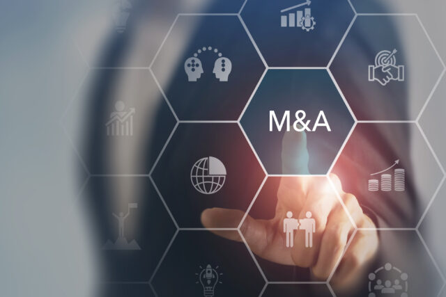 Business mergers and acquisitions concept. Share acquisition, asset business acquisition, amalgamation. Business review and development model. The abbreviation M and A on smart background, copy space.