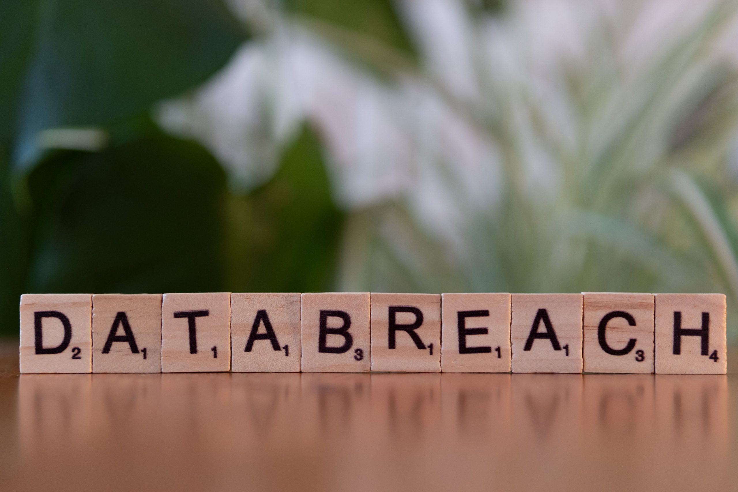 Scrabble tiles spelling 'data breach' on a blurred background, illustrating the warning signs of a personal data breach